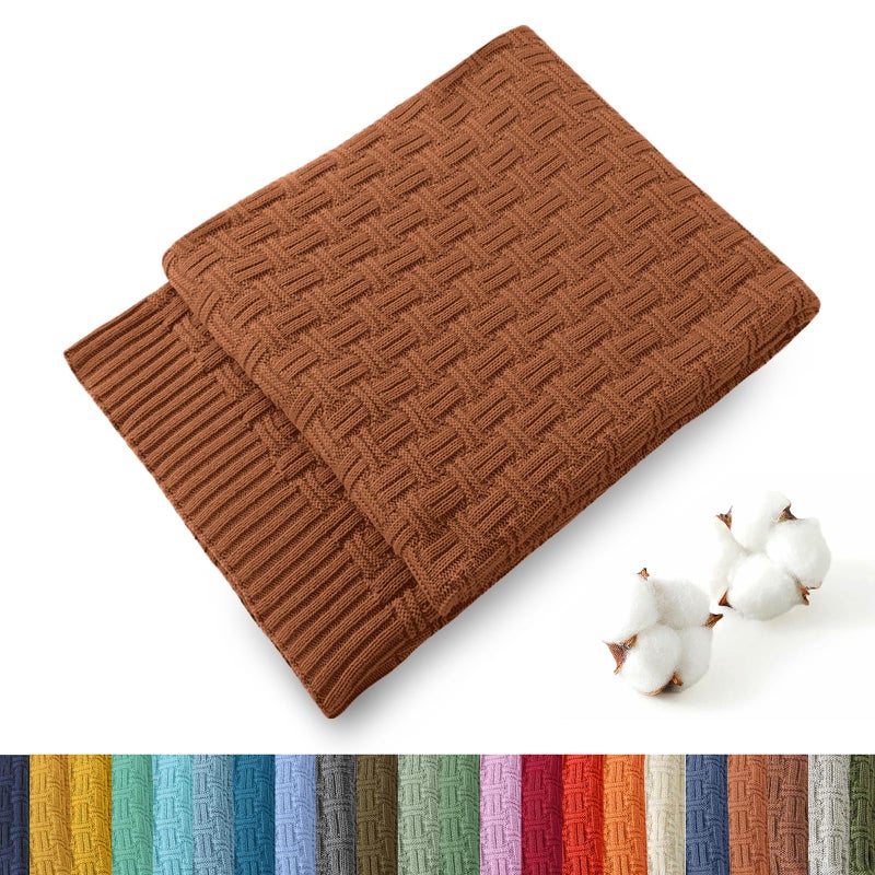 TREELY 100% Cotton Knitted Throw Blanket Couch Cover Blanket(50 x 60 Inches, Brown) - Image 1